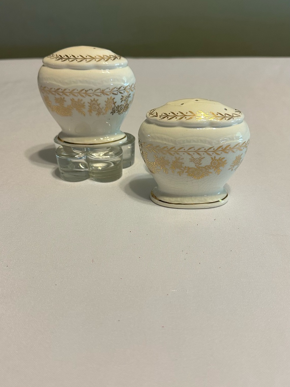 Vintage Elegant White Porcelain Salt and Pepper Shakers with Gold Trim